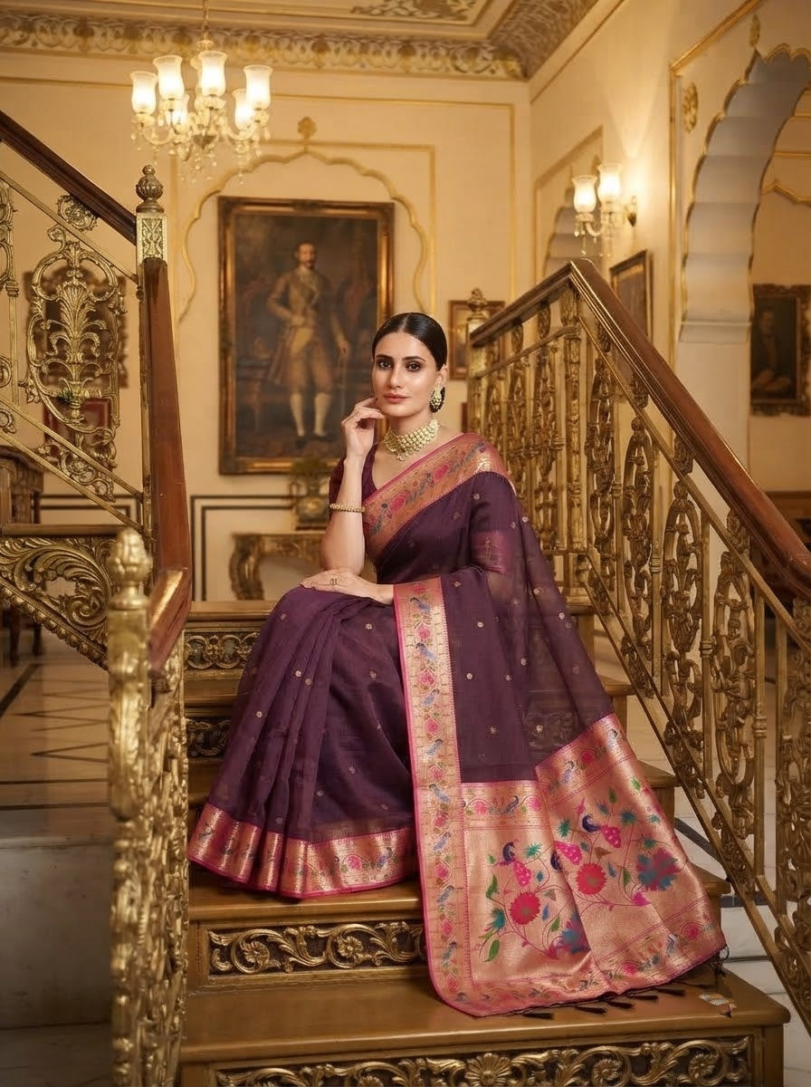 Golden Dew-Organza Silk (Semi) Saree with Minakari Zari Border & Designer Zari Pallu