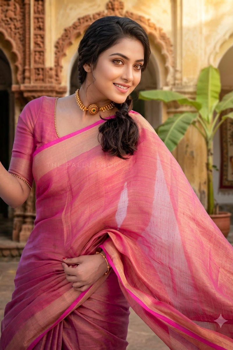Pure Handwoven Tissue Linen Saree(Pink)