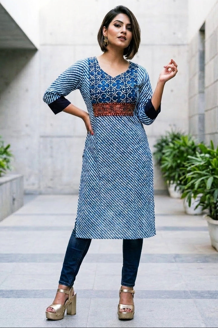 Indigo Leheriya Fusion Cotton Kurti