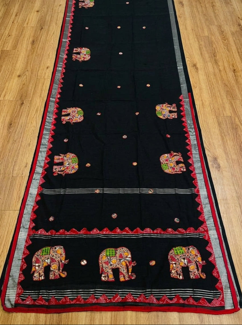 Rajhasti Khadi Linen Appliqué Work Saree