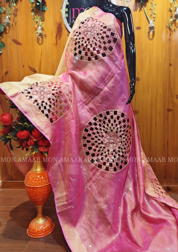 Worth Of A Queen's Crown(Pink Pure Tissue Linen Saree)