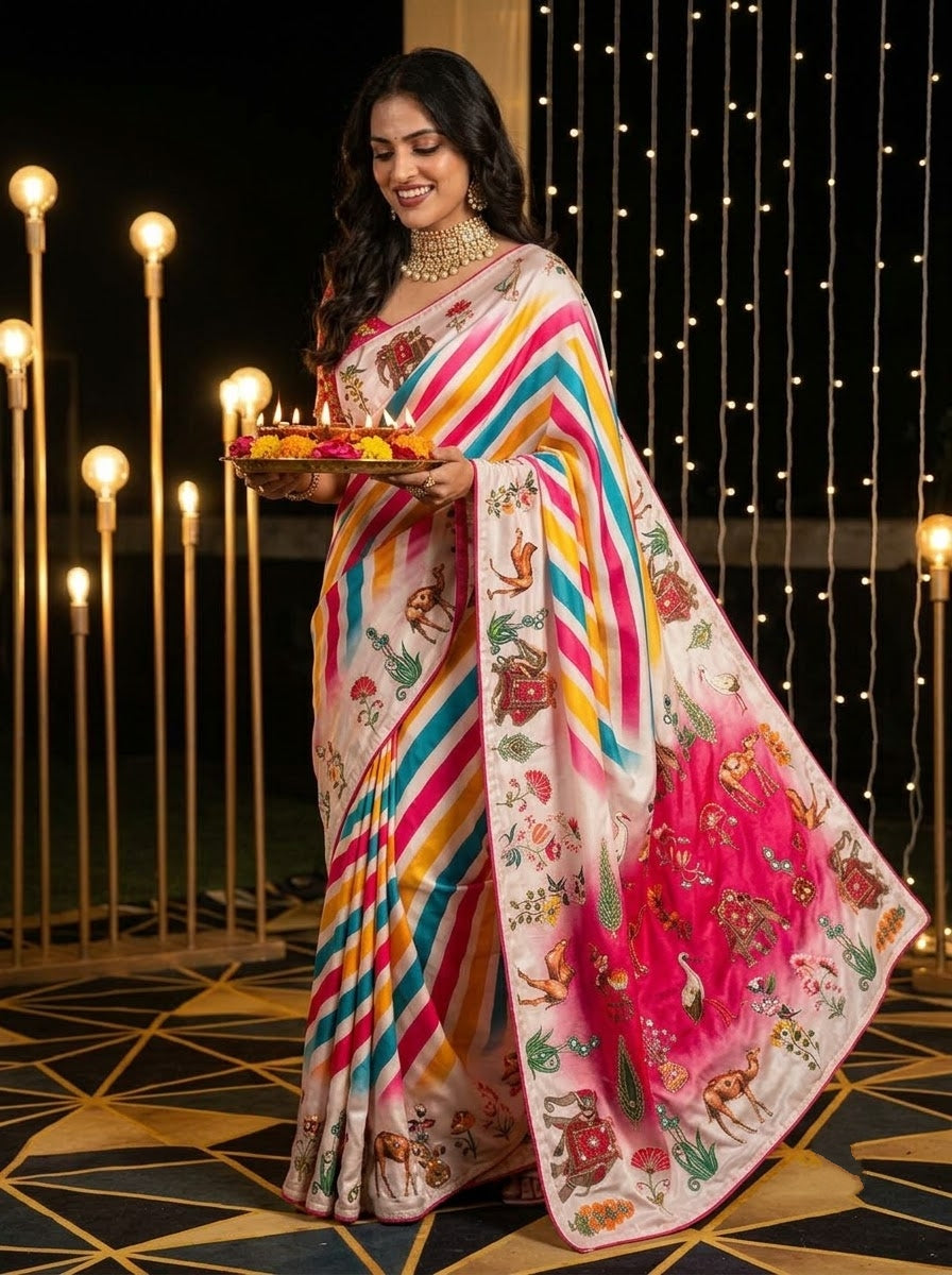 Dreamscape – Chinnon Silk Digital Print Mirrorwork Saree
