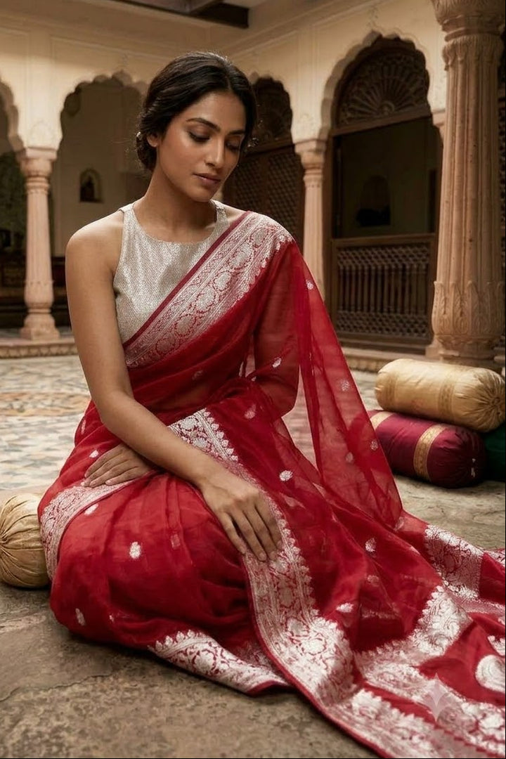 Legacy Of Khaddi Chiffon Handloom Banarasi Saree(Red Queen)