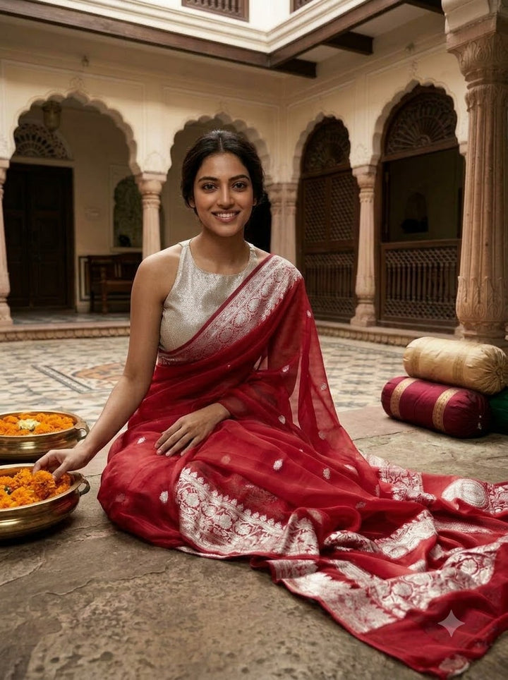 Legacy Of Khaddi Chiffon Handloom Banarasi Saree(Red Queen)