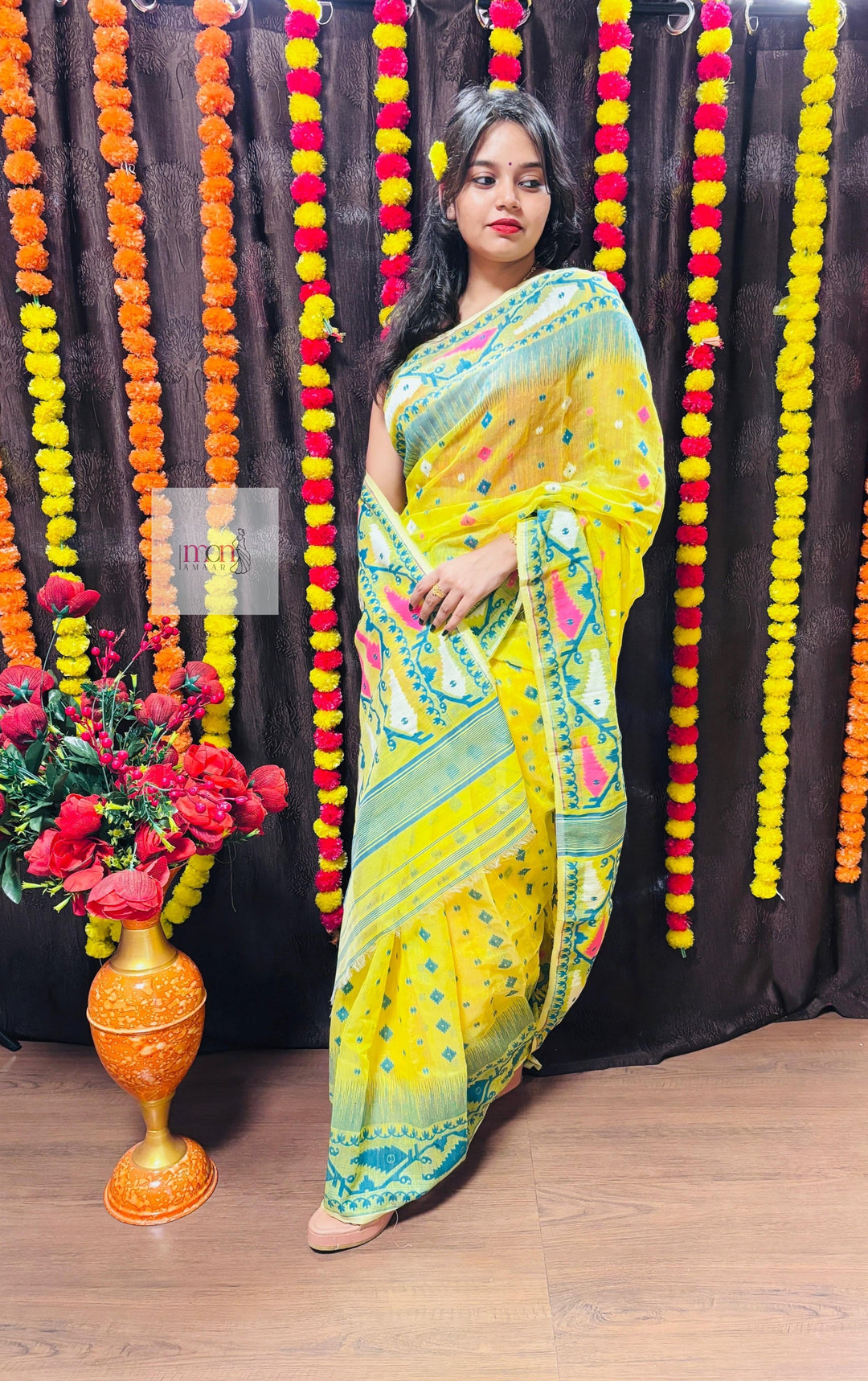 Pineapple Yellow and Dark Green Designer Ikkat Dhakai Jamdani Saree