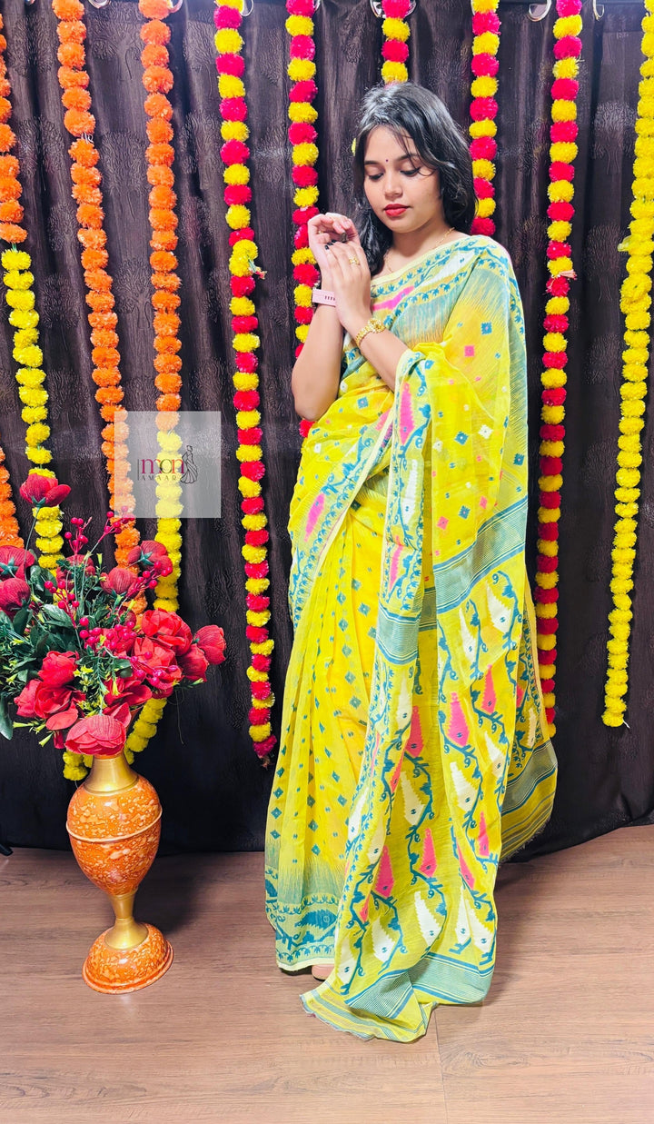 Pineapple Yellow and Dark Green Designer Ikkat Dhakai Jamdani Saree