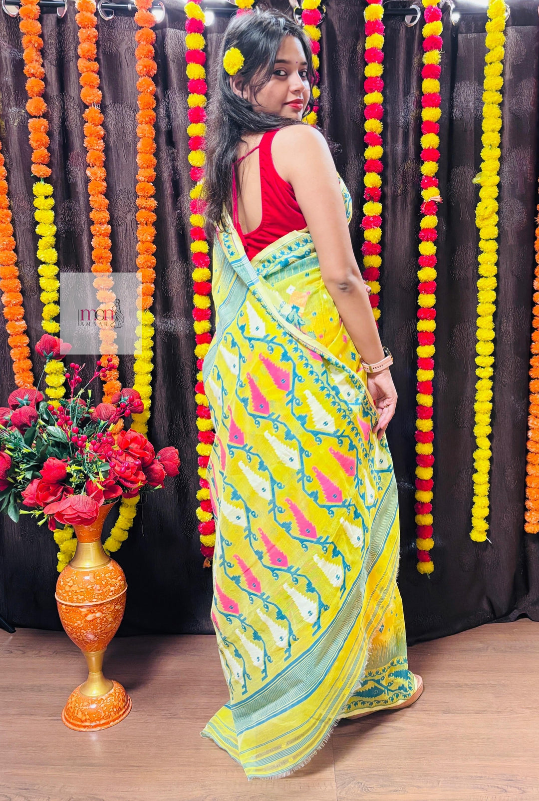 Pineapple Yellow and Dark Green Designer Ikkat Dhakai Jamdani Saree