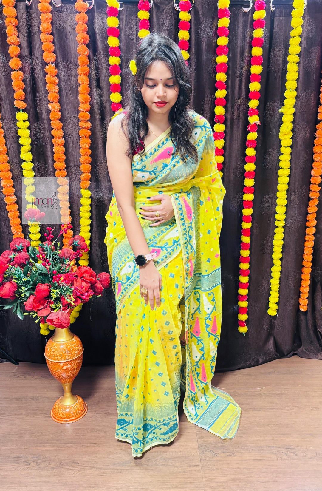 Pineapple Yellow and Dark Green Designer Ikkat Dhakai Jamdani Saree