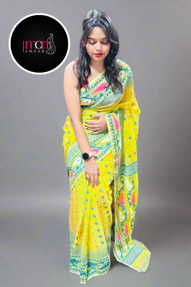 Pineapple Yellow and Dark Green Designer Ikkat Dhakai Jamdani Saree