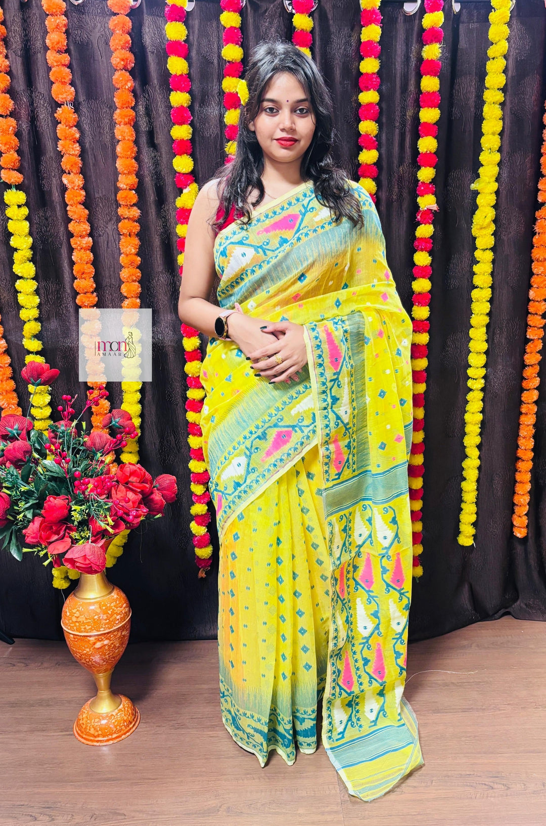 Pineapple Yellow and Dark Green Designer Ikkat Dhakai Jamdani Saree