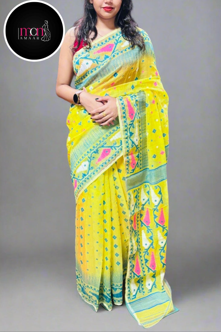 Pineapple Yellow and Dark Green Designer Ikkat Dhakai Jamdani Saree