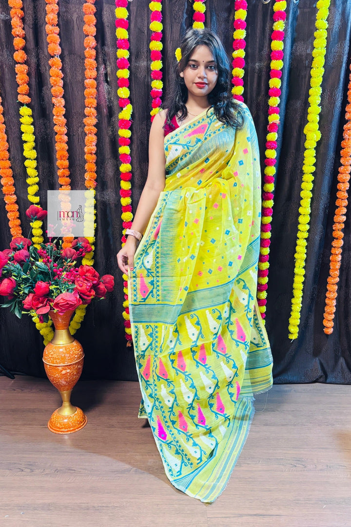 Pineapple Yellow and Dark Green Designer Ikkat Dhakai Jamdani Saree