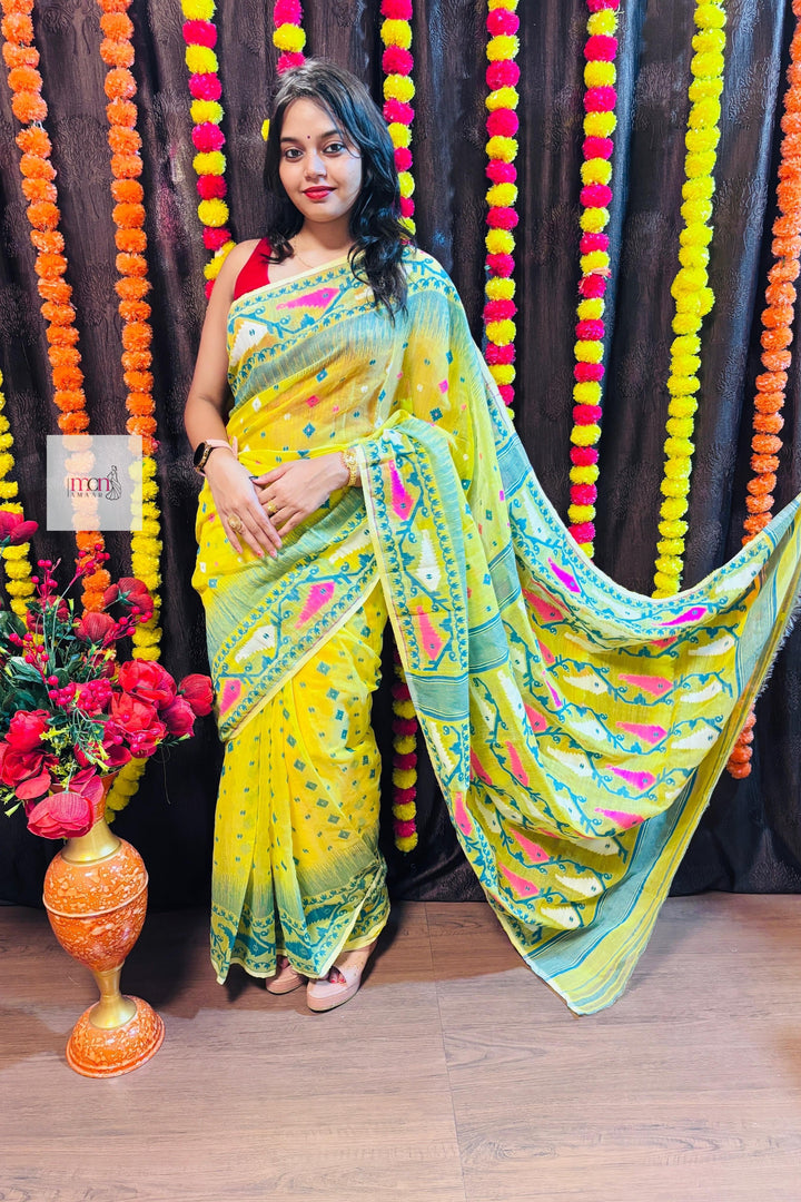 Pineapple Yellow and Dark Green Designer Ikkat Dhakai Jamdani Saree