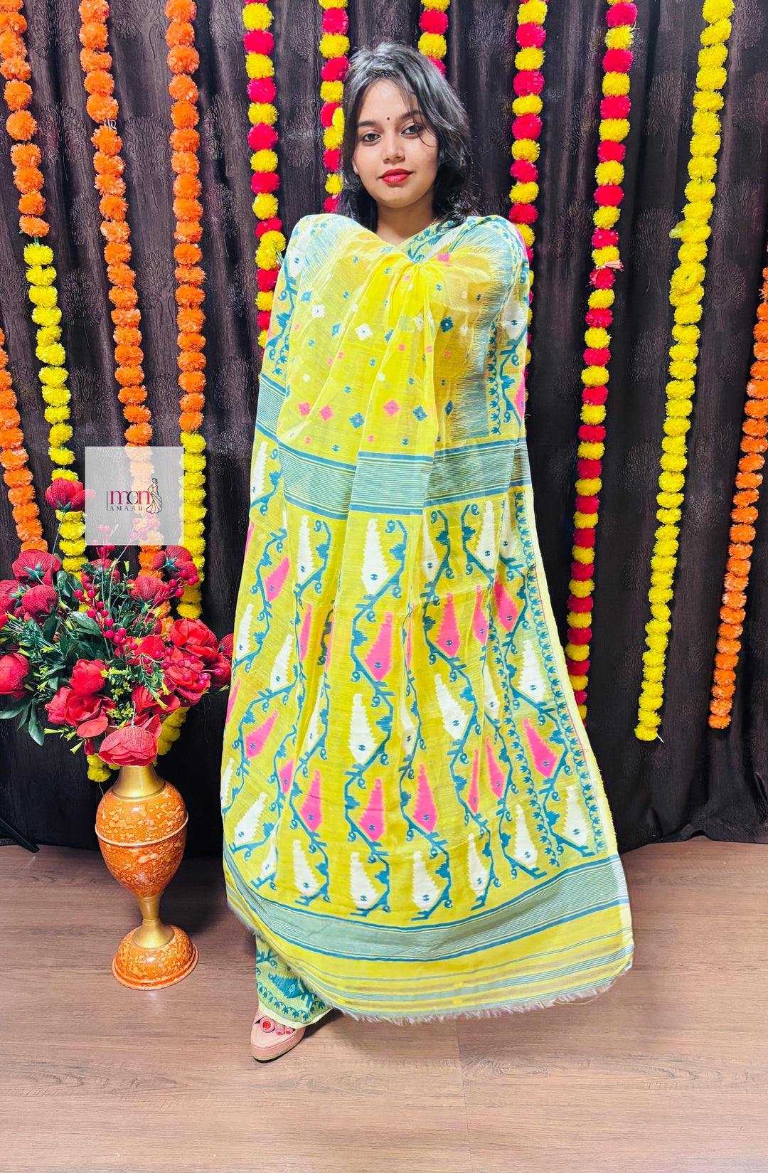 Pineapple Yellow and Dark Green Designer Ikkat Dhakai Jamdani Saree