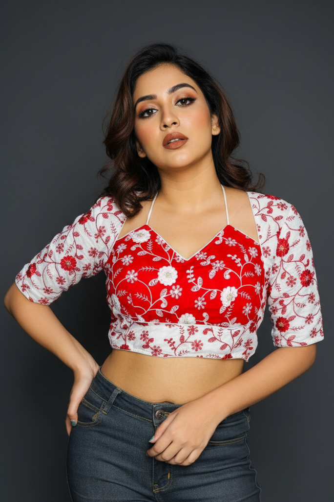 Red White Masaba Style Silk Blouse