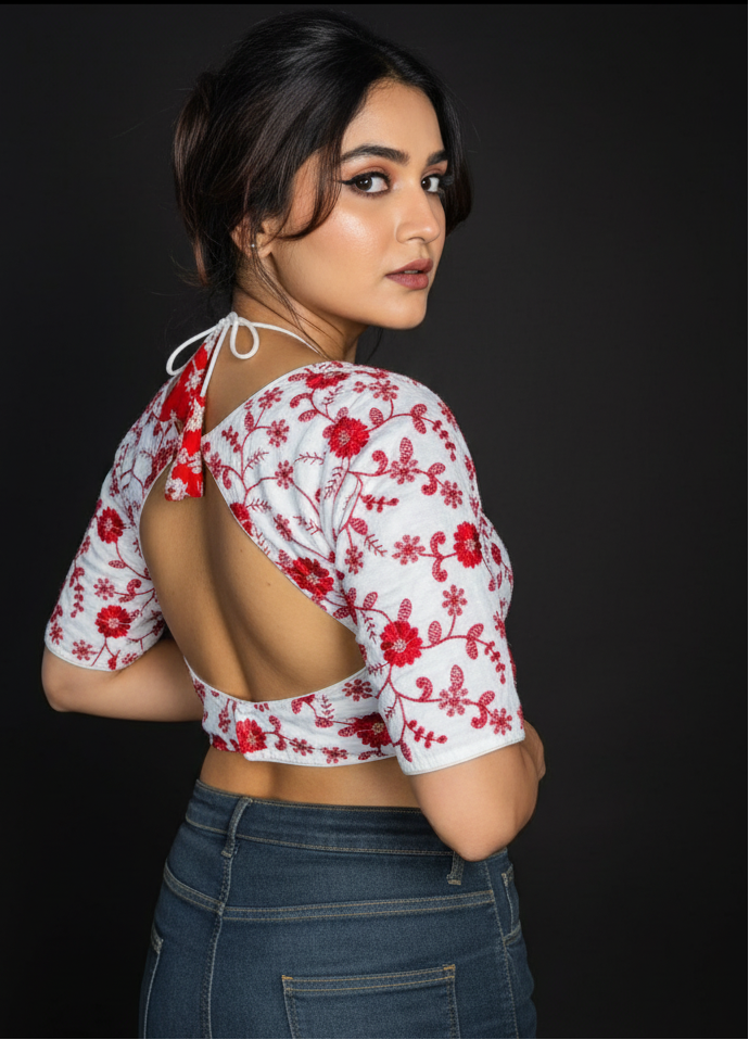 Red White Masaba Style Silk Blouse