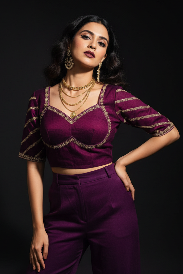 Partywear Purple Vichitra Silk Blouse