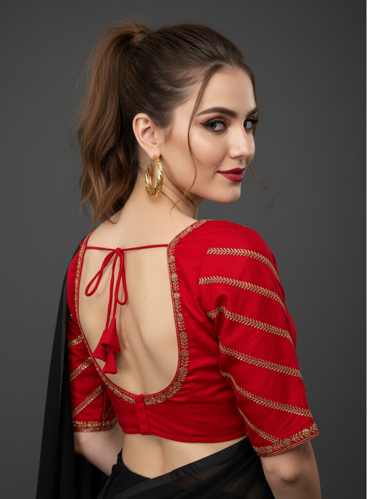 Partywear Red Vichitra Silk Blouse