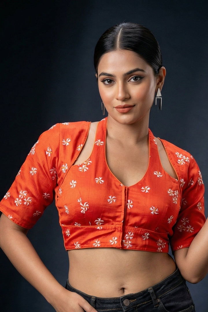 Orange Shiuli Masaba Style Vichitra Silk Blouse