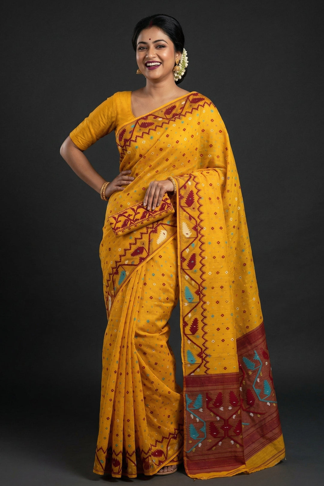 Boisakhi Din-Dhakai Jamdani Saree(Yellow Maroon Border)