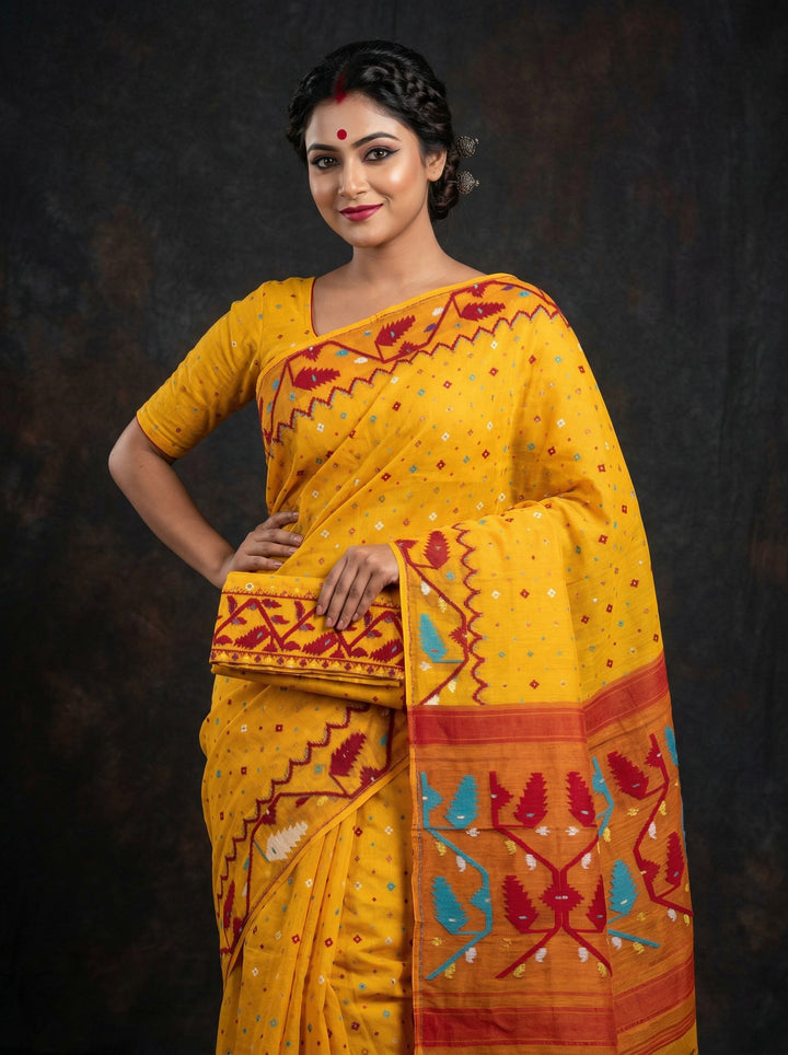 Boisakhi Din-Dhakai Jamdani Saree(Yellow Maroon Border)