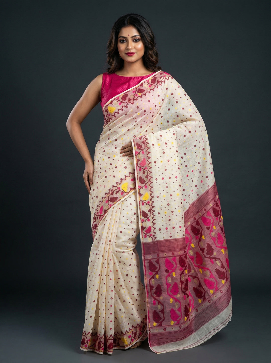 Boisakhi Din-Dhakai Jamdani Saree(Maroon pink  Border)