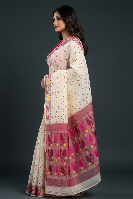 Boisakhi Din-Dhakai Jamdani Saree(Maroon pink  Border)
