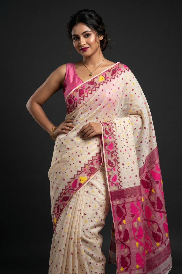 Boisakhi Din-Dhakai Jamdani Saree(Maroon pink  Border)