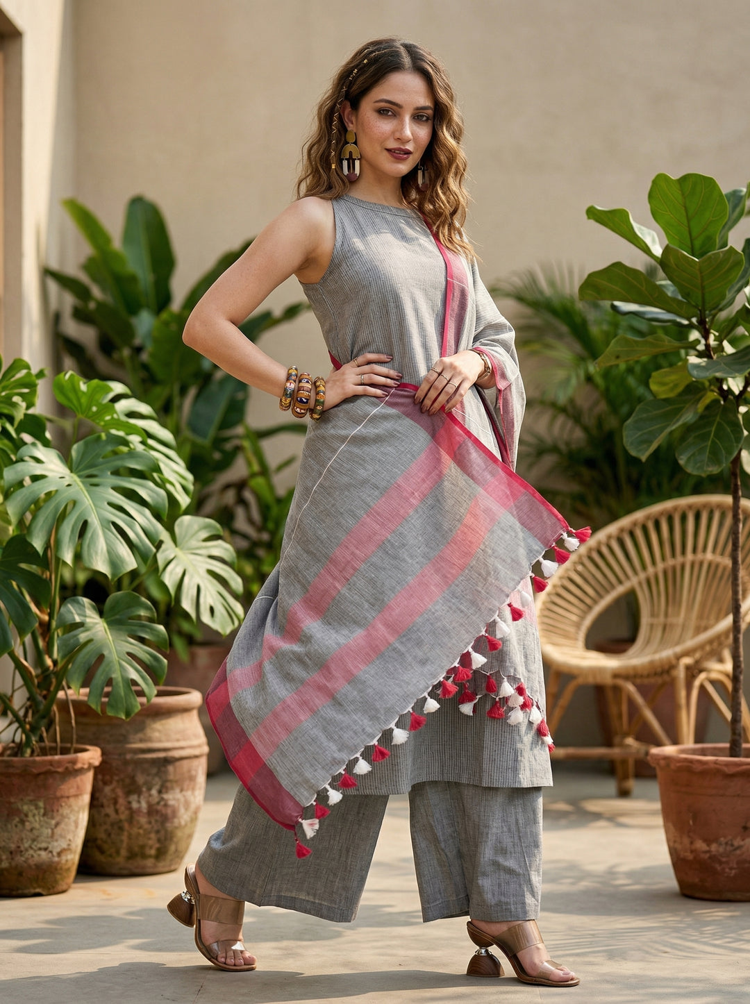 Garmi Relief Cotton Set With Linen Dupatta