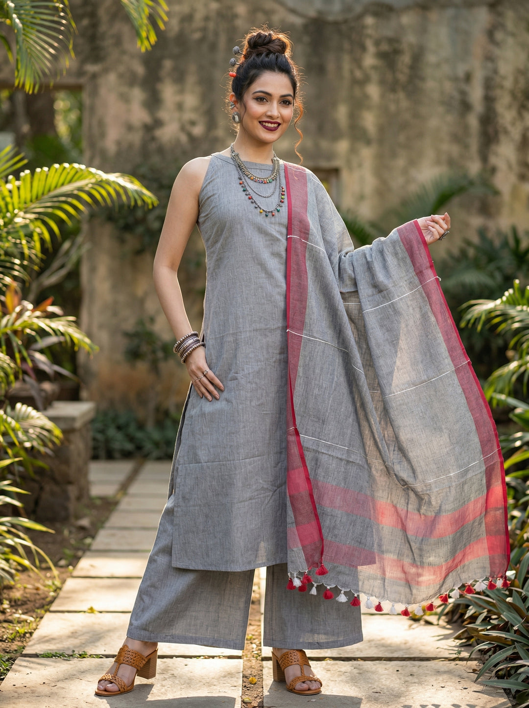 Garmi Relief Cotton Set With Linen Dupatta