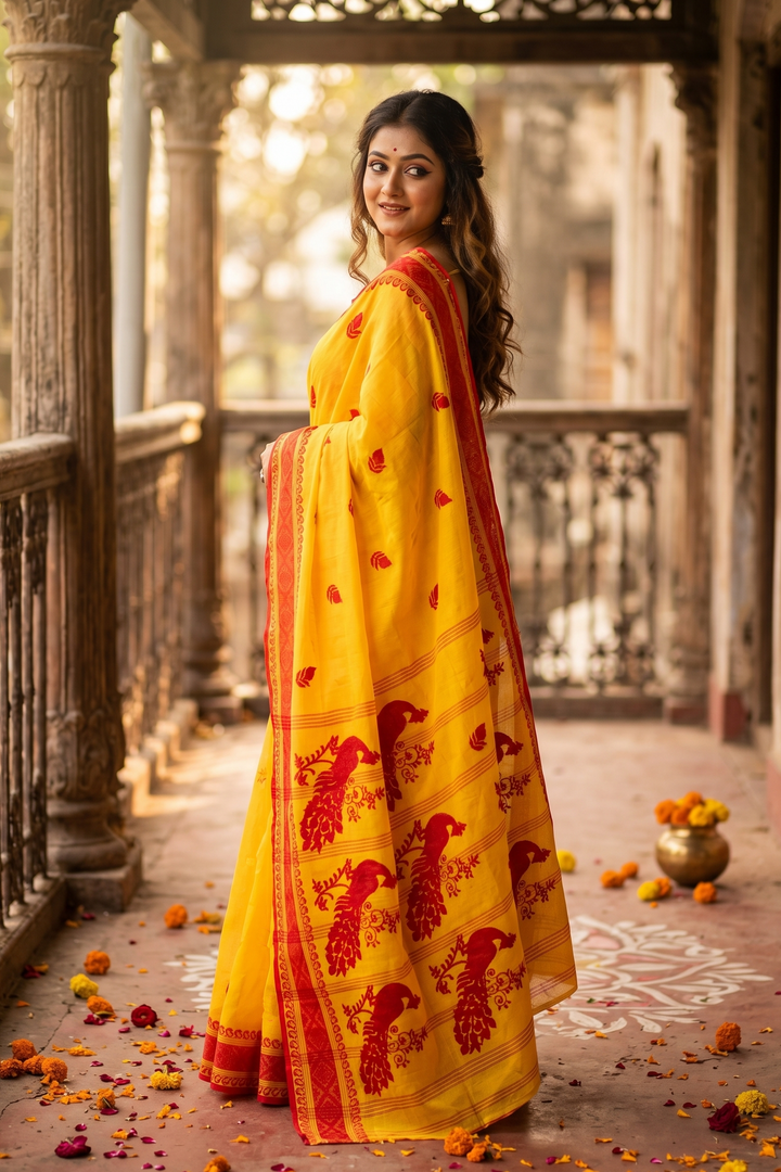 Ashtami Tangail Tant Cotton Saree(Peacock Embroidery)