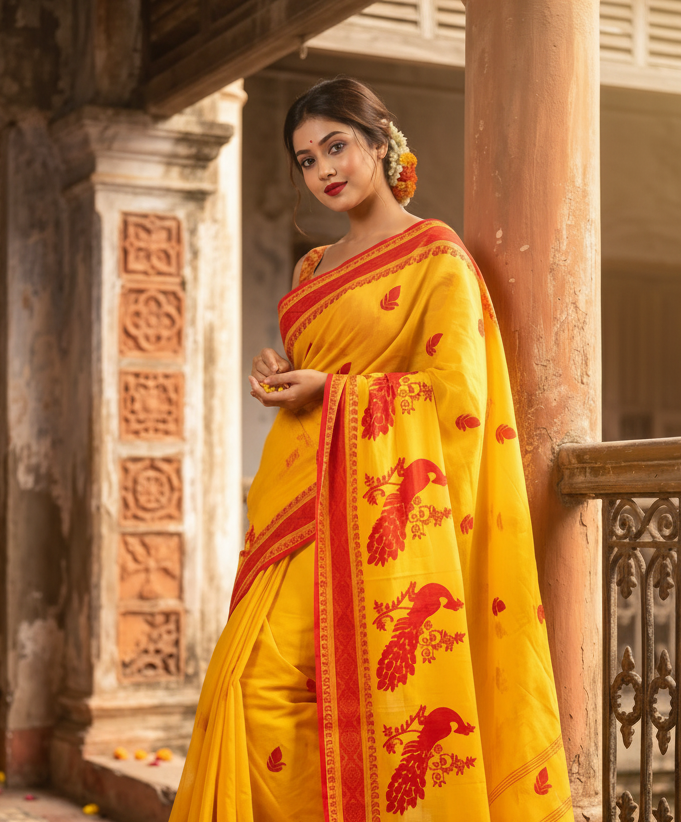 Ashtami Tangail Tant Cotton Saree(Peacock Embroidery)