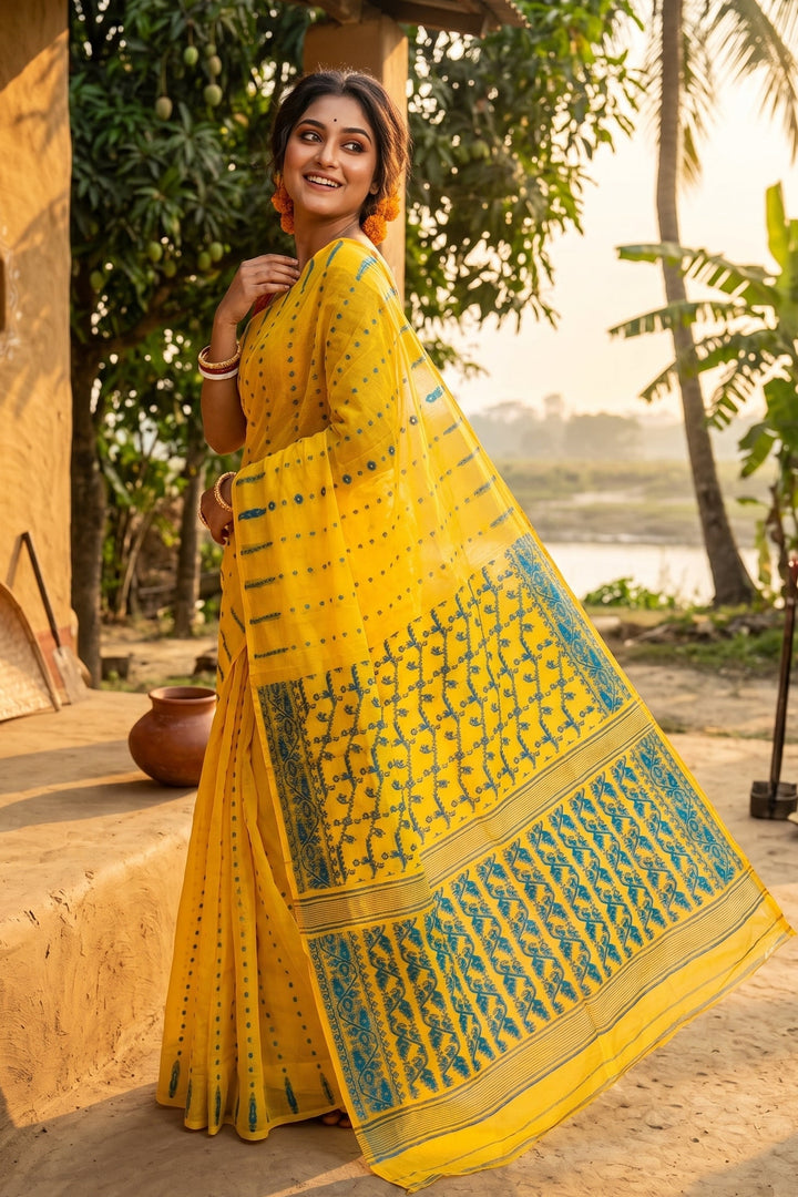 Shatarupa Bengal Jamdani Saree(Yellow And Blue)