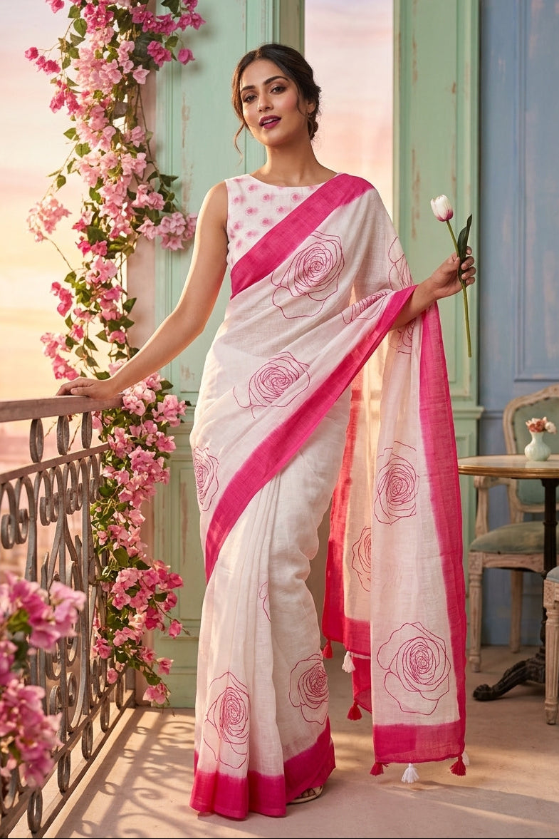 Rosy Bloom Linen Saree