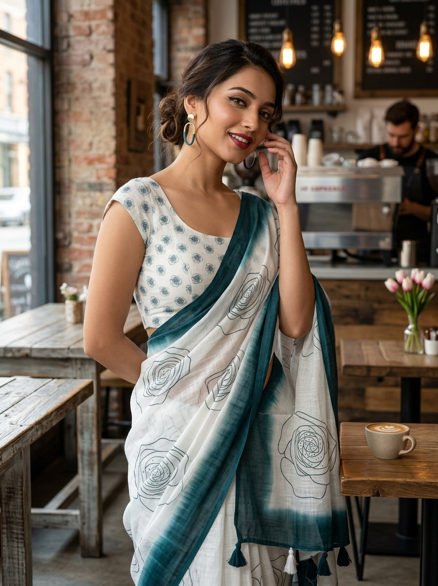Rosy Bloom Linen Saree