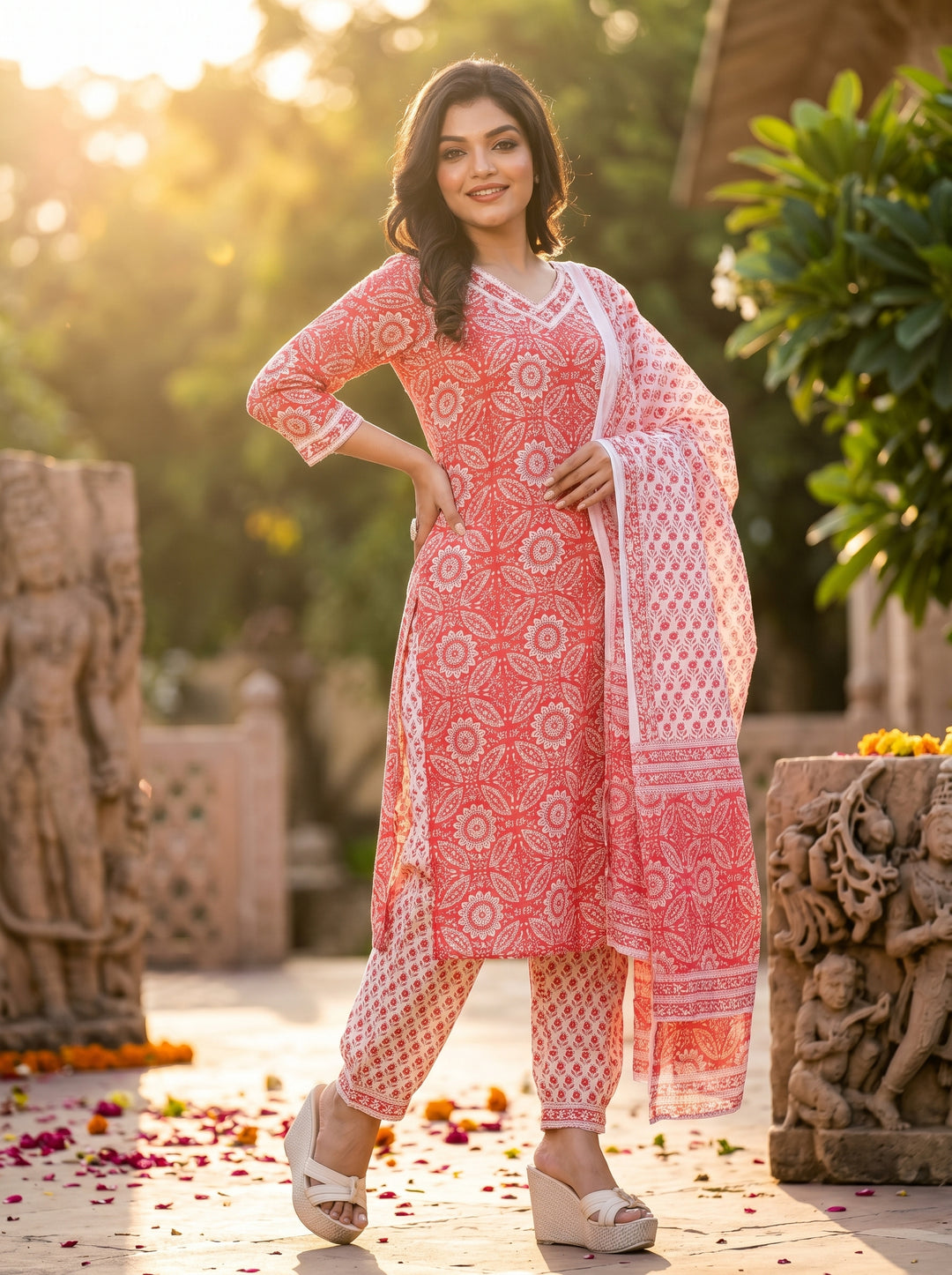 Courageous Red With Cute Pockets Cotton Kurti Set