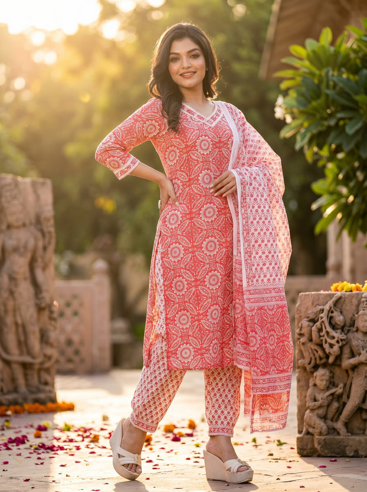 Courageous Red With Cute Pockets Cotton Kurti Set