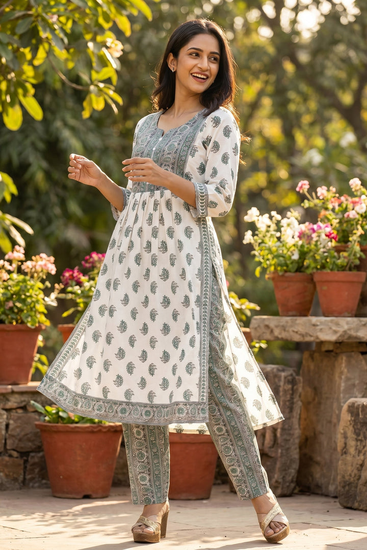 White Green Kurti Set