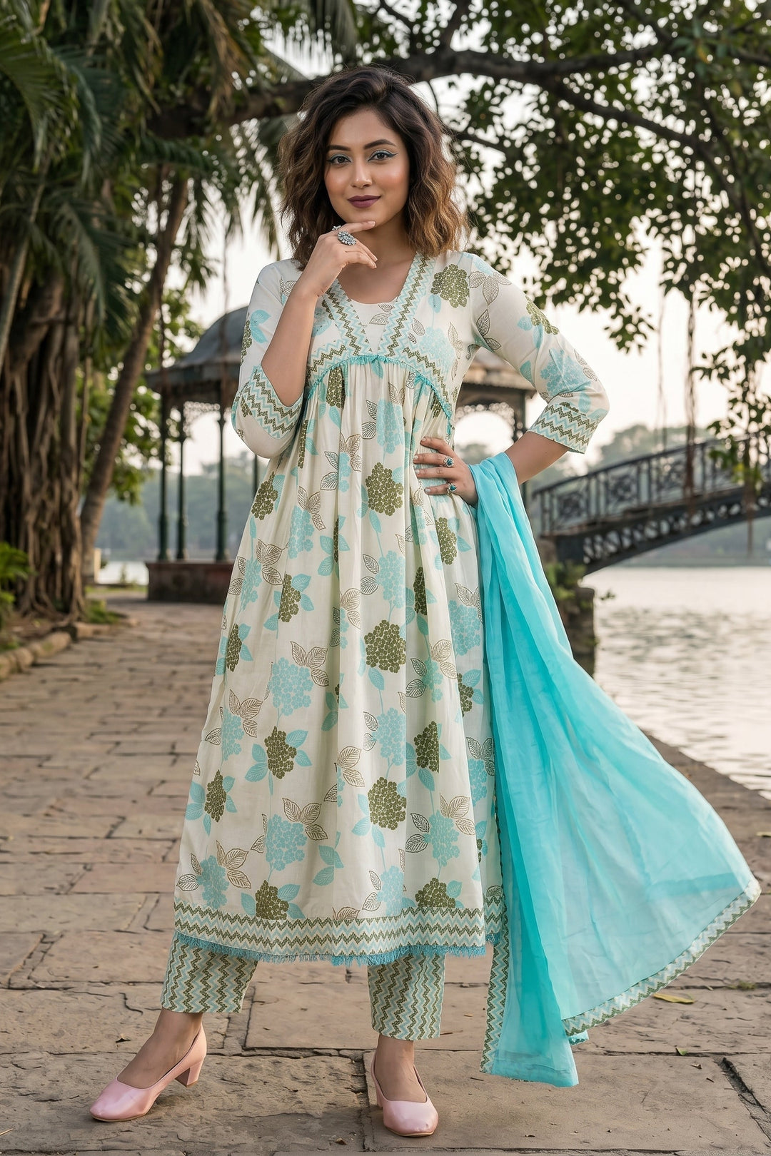 Floral Fantacy White Blue Anarkali Kurti Set
