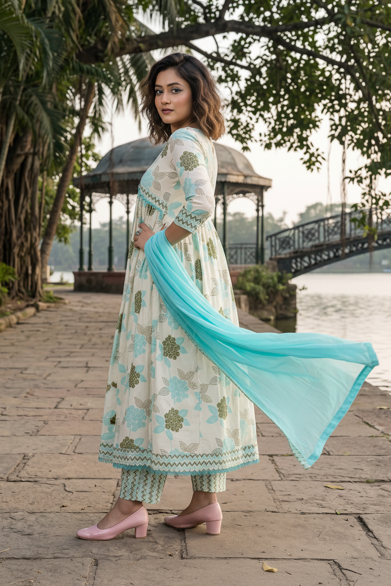 Floral Fantacy White Blue Anarkali Kurti Set