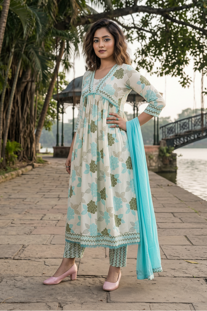 Floral Fantacy White Blue Anarkali Kurti Set