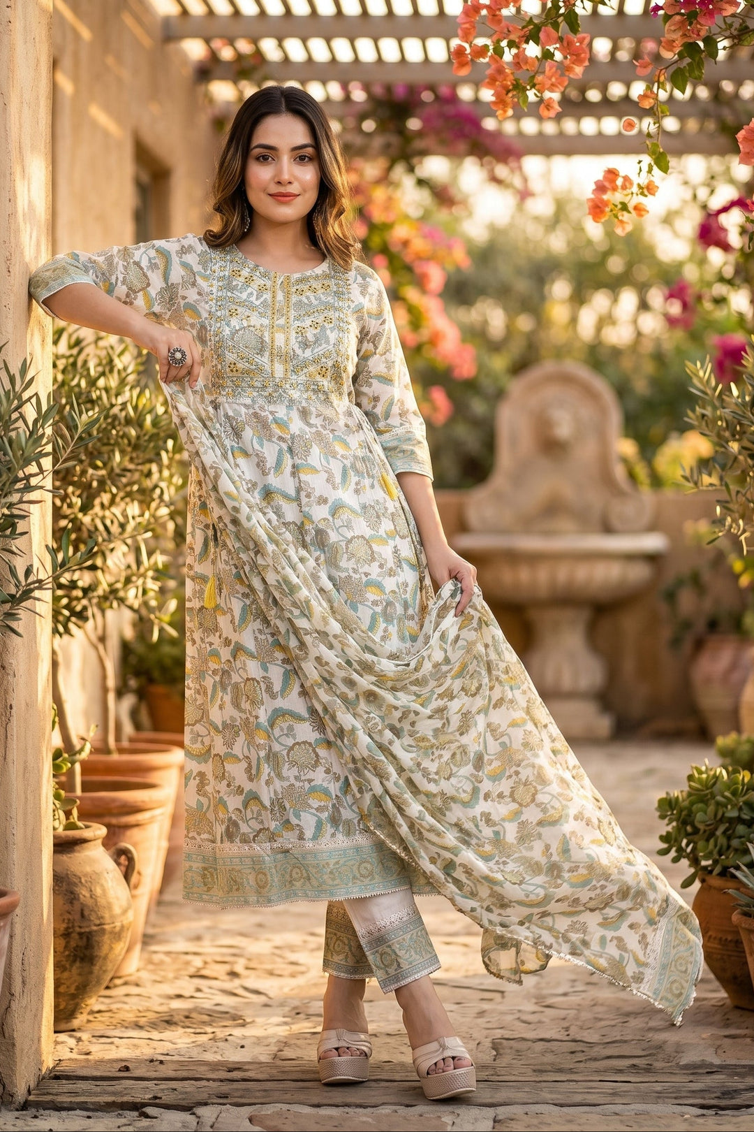 Occasional Bliss Jaipuri Kurti Set(Yellow Tone)