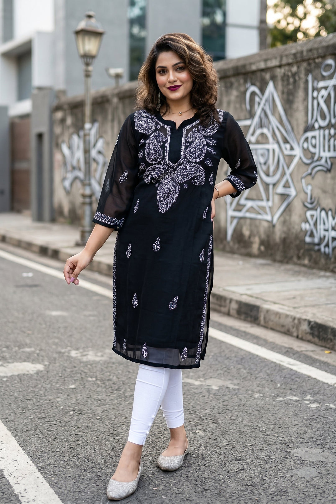 Black Georgette Chikankari Kurti(No pant)