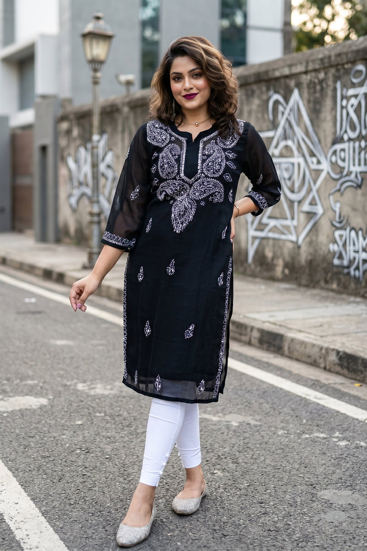 Black Georgette Chikankari Kurti(No pant)