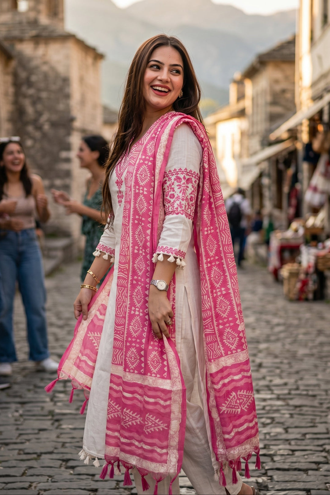 Snow Pink Hills Cotton Kurti Set
