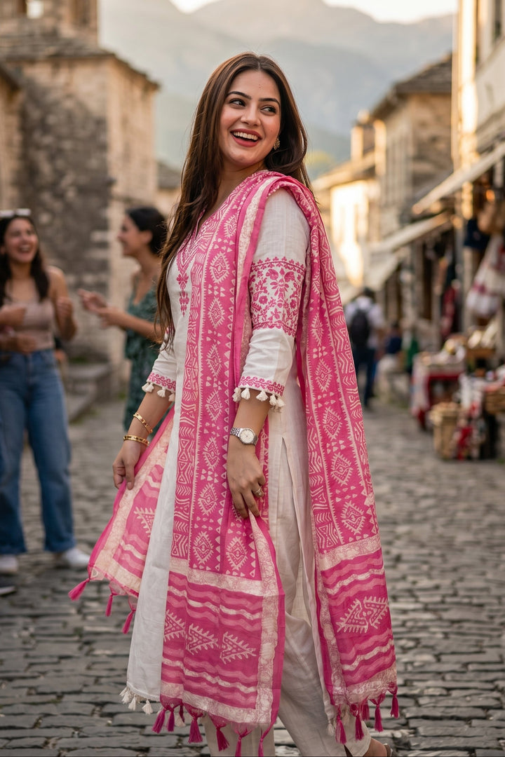 Snow Pink Hills Cotton Kurti Set