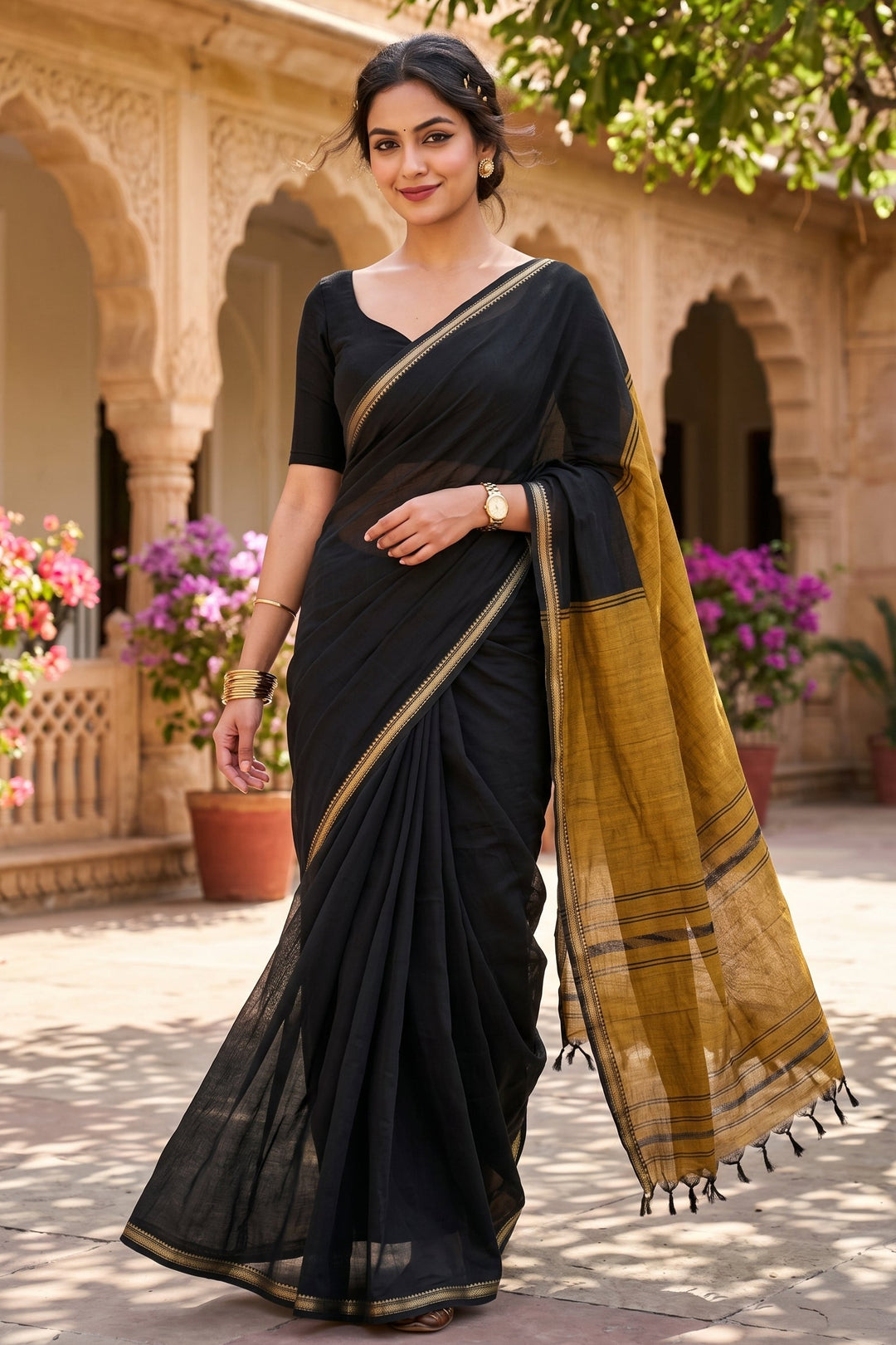 Gratifying Pure Khadi Cotton Black Saree