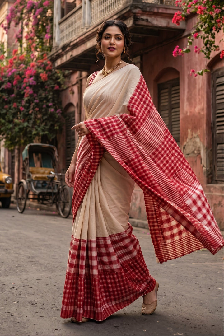 Ekaparna Khadi Cotton Saree(Kora Color)