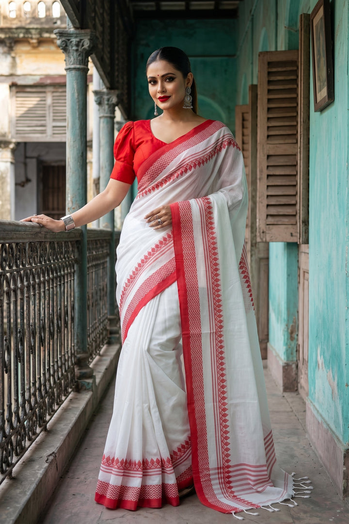Graceful White Red Pure Cotton Saree