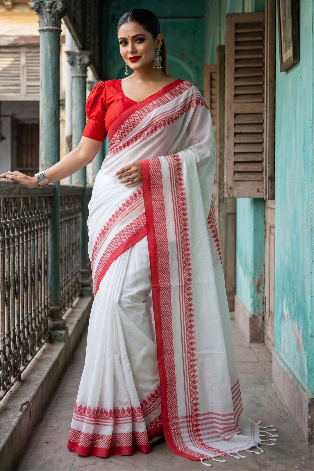 Graceful White Red Pure Cotton Saree
